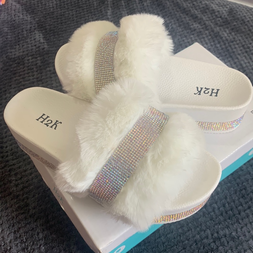 H2k Platform Jeweled Fuzzy Sandals